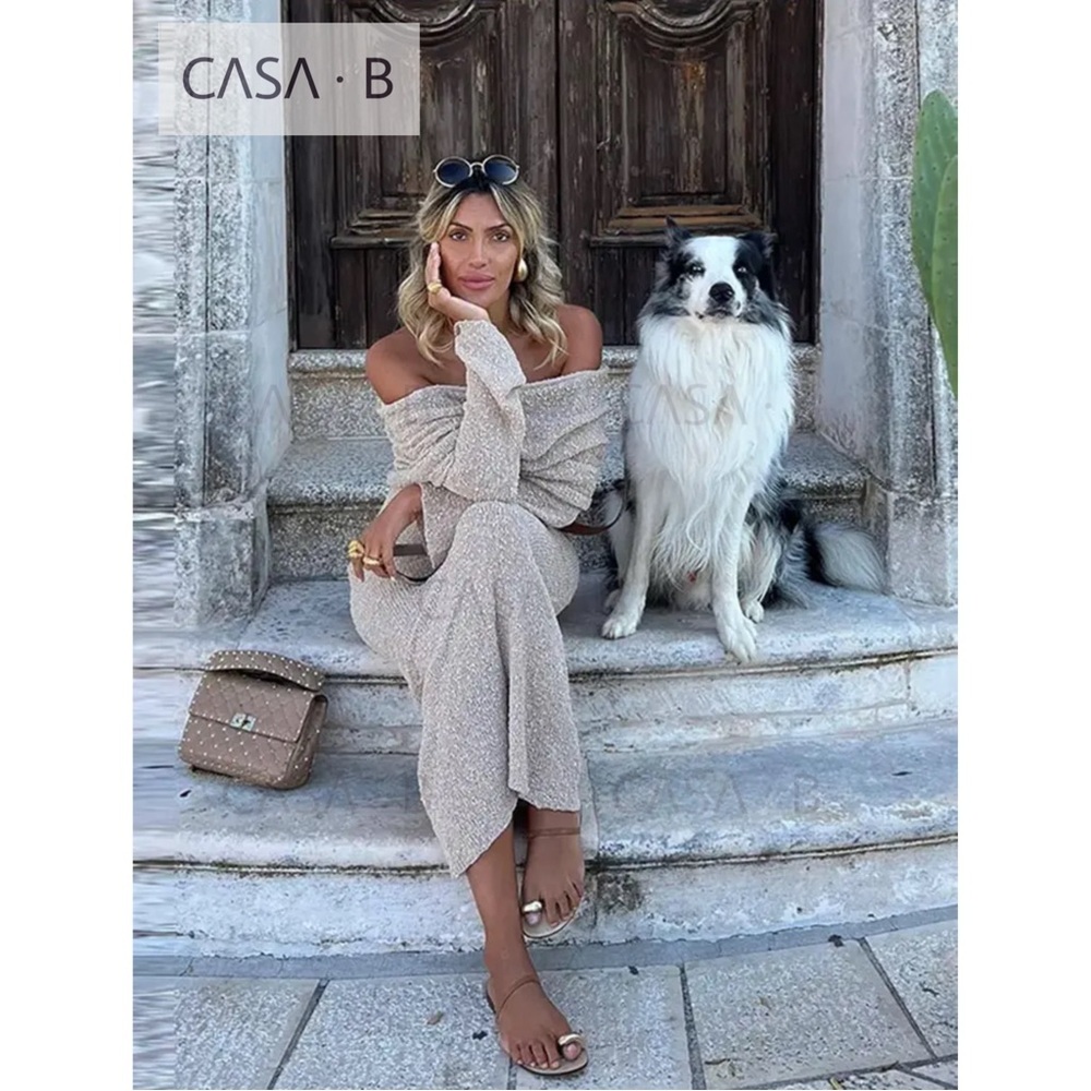 NEW to CASA B💫| Soriana Off the Shoulder Boucle Long Sleeve Draped Maxi Dress - Picture 4 of 13